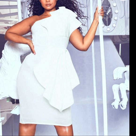 white one shoulder pleated detail midi dress